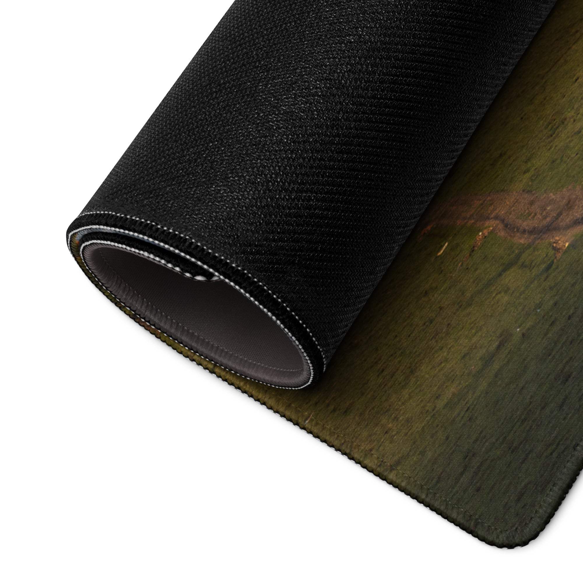 Black textured gaming mousepad with olive green epic mountain sunset design, rolled edge stitch
