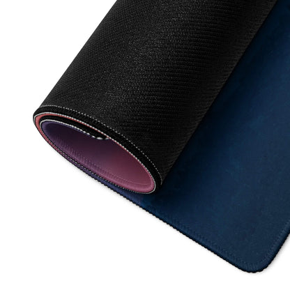 Back of Stylish Sunset Purple Orange gaming mouse pad with black textured top, navy underside, purple lining