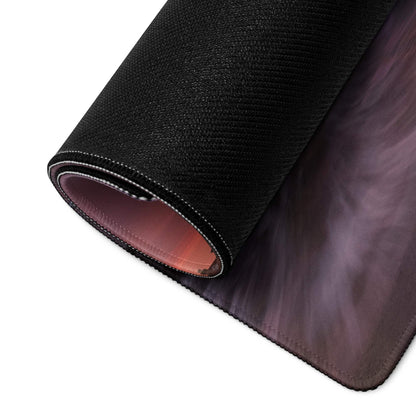 Back of Epic Sunset Seascape gaming mouse pad with black textured top and purple-pink gradient underside