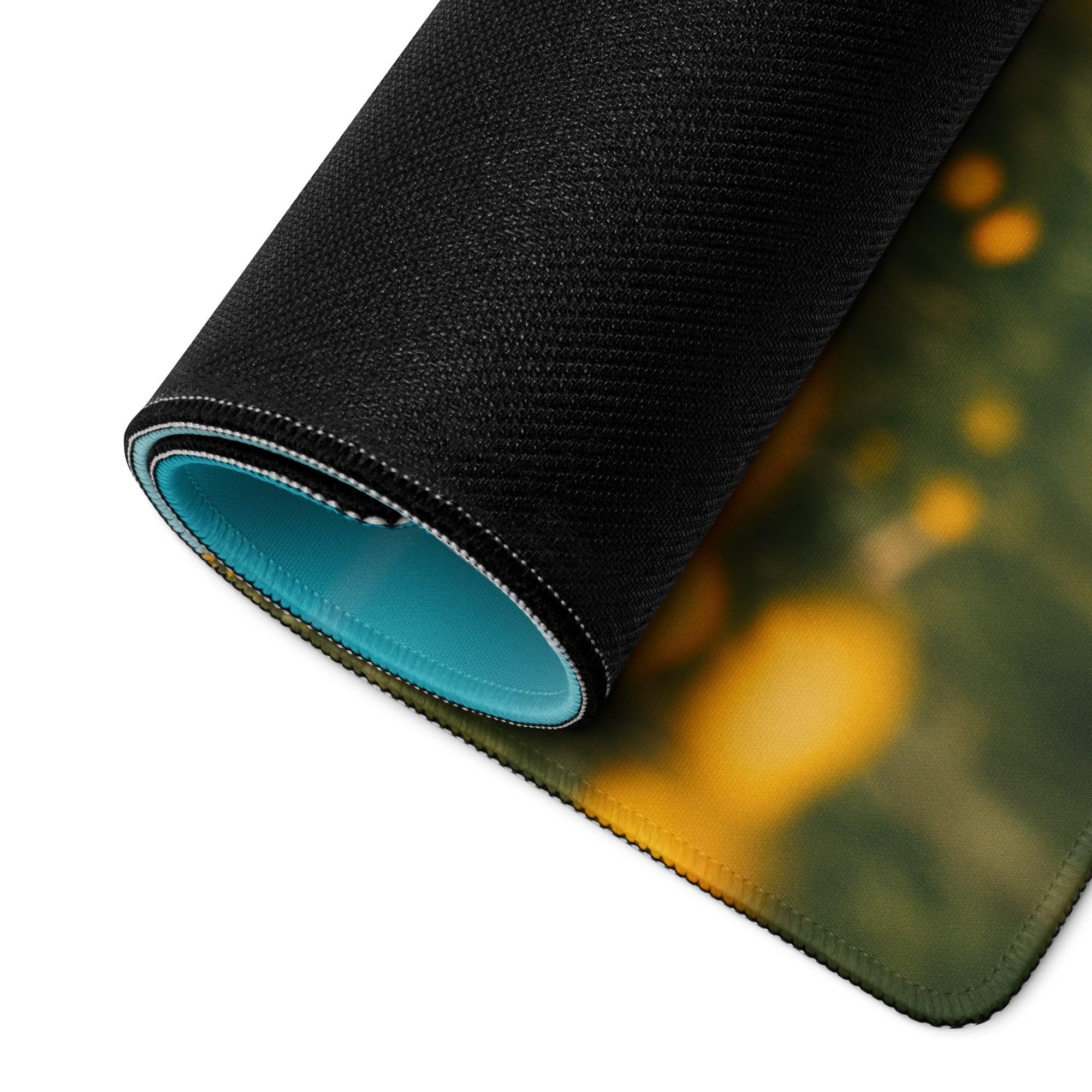 Black rolled gaming mouse pad with teal lining and blurred yellow floral design