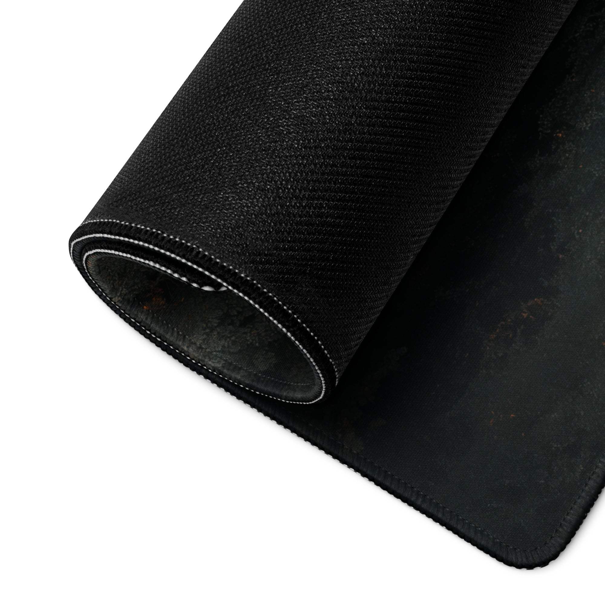 Black textured Mystic Forest Cabin gaming mousepad with stitched edges