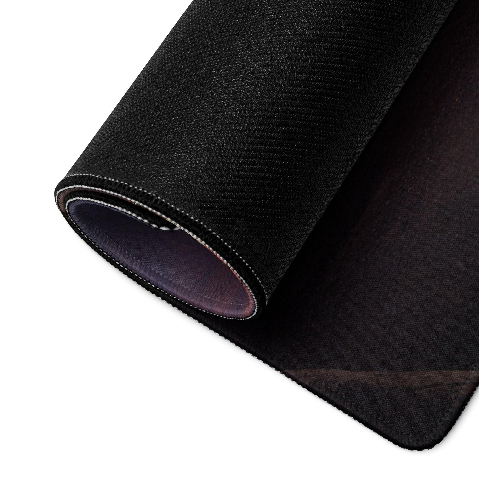 Black textured Epic Sunset Cityscape mousepad with stitched edges
