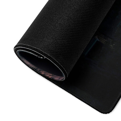 Underside of Sunset Forest large gaming mouse pad with black textured non-slip base and stitched edges