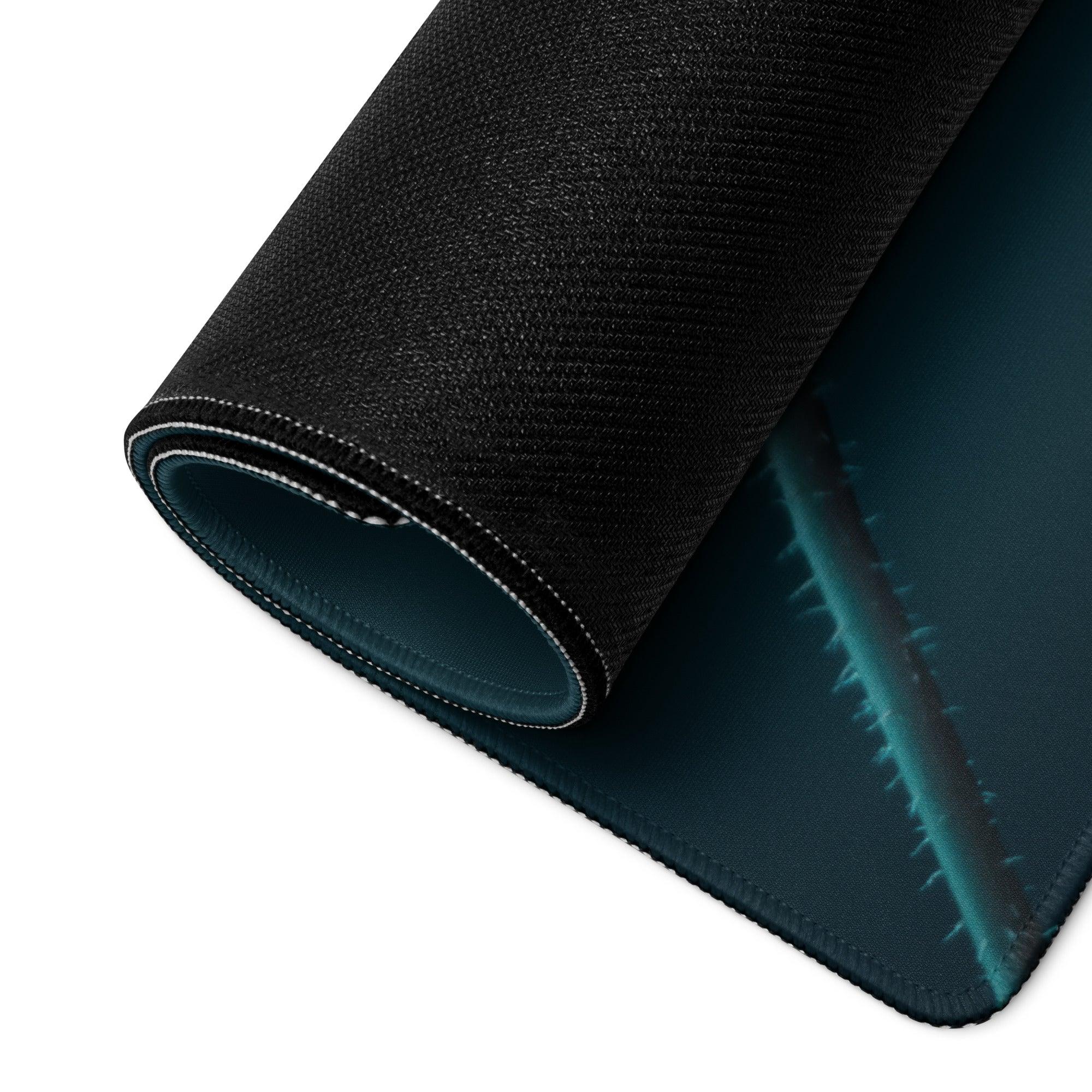 Black textured gaming mousepad with teal thorny spikes and non-slip edge stitching