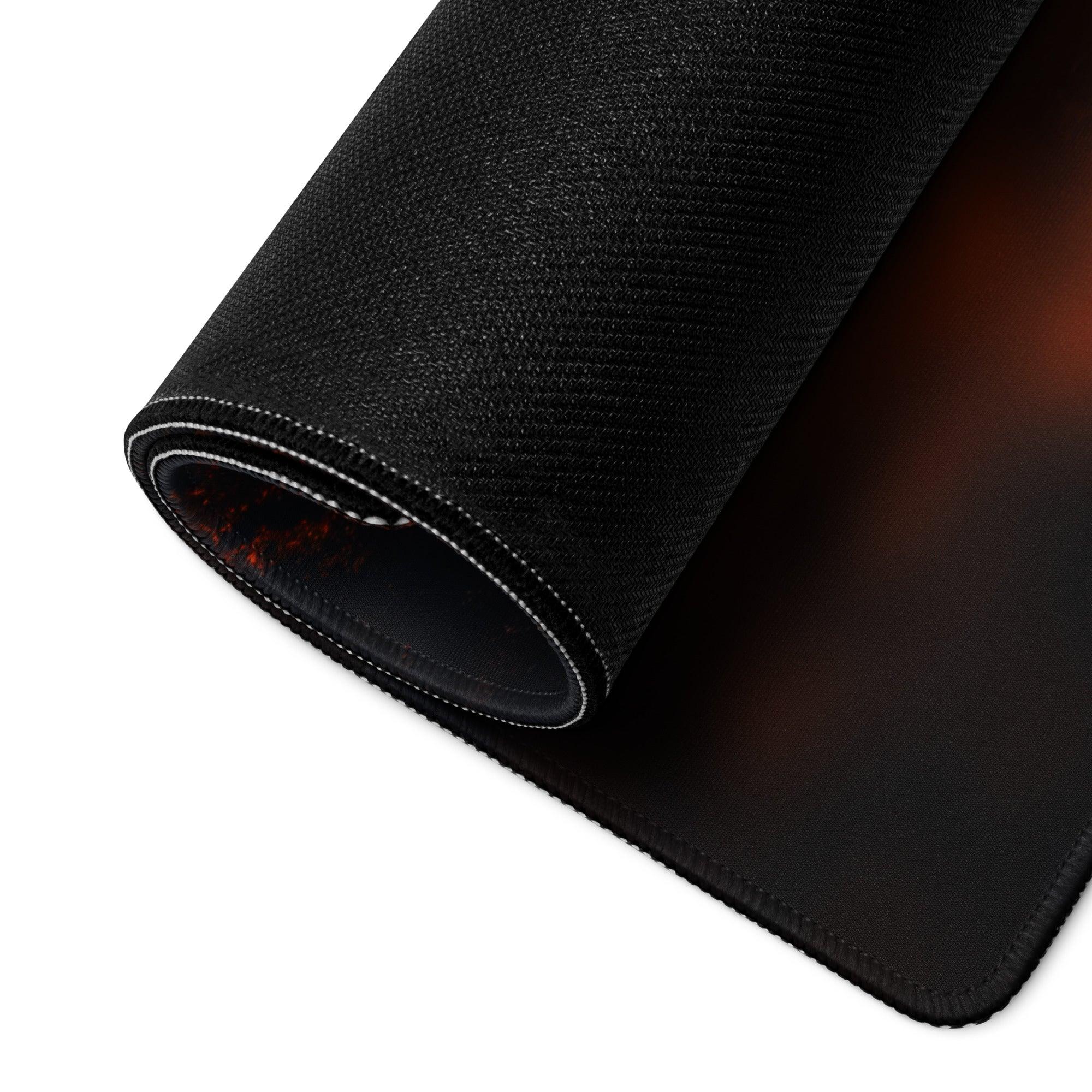 Black textured gaming mousepad with autumn orange forest cabin edge design