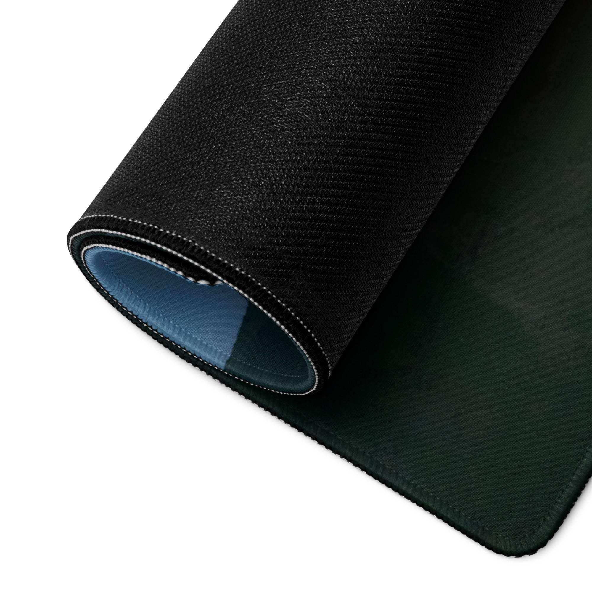 Black textured gaming mousepad back with dark green underside and stitched edges