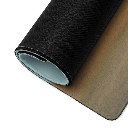 Black textured gaming mousepad with light blue lining, stitched edges, non-slip base