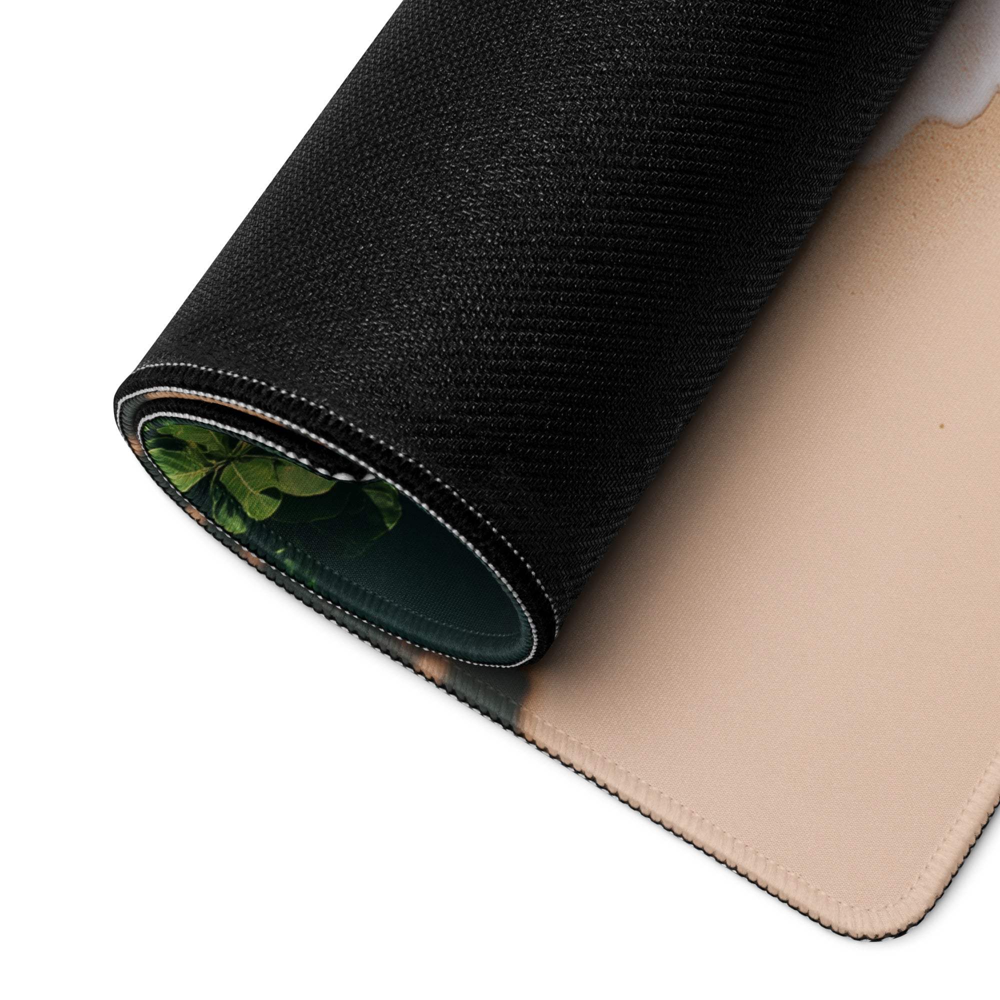 Premium large ocean teal gaming mouse pad back with black texture, beige edge, green leaf design