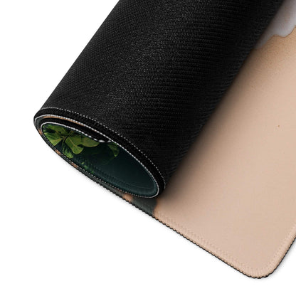 Premium large ocean teal gaming mouse pad back with black texture, beige edge, green leaf design