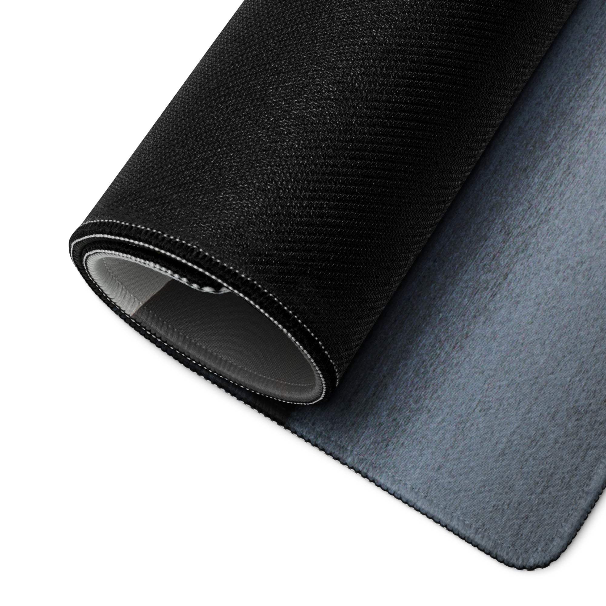 Black textured gaming mousepad back with gray underside and stitched edges