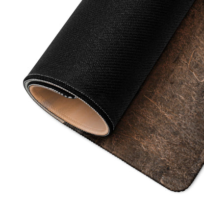 Back of large rustic barn sunset gaming mousepad with black textured top and brown fibrous underside