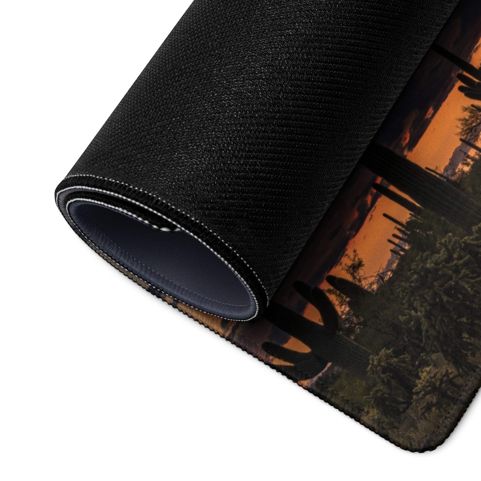 Black textured Desert Sunset Cactus gaming mousepad with orange sky