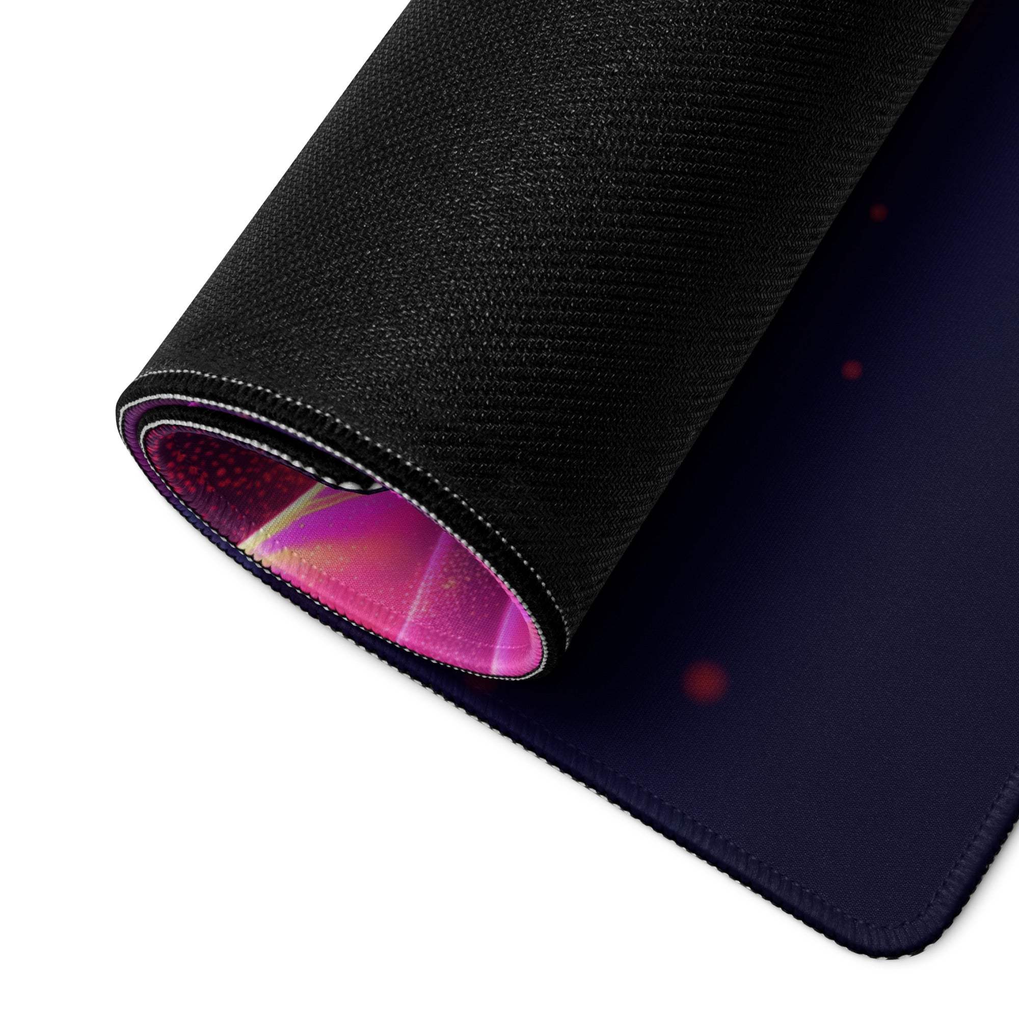 Underside of Vibrant Neon Wave XL gaming mouse pad with black cosmic textured backing