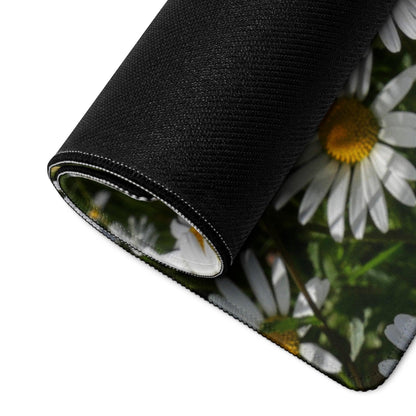 Black large gaming mouse pad with vibrant white daisy field print