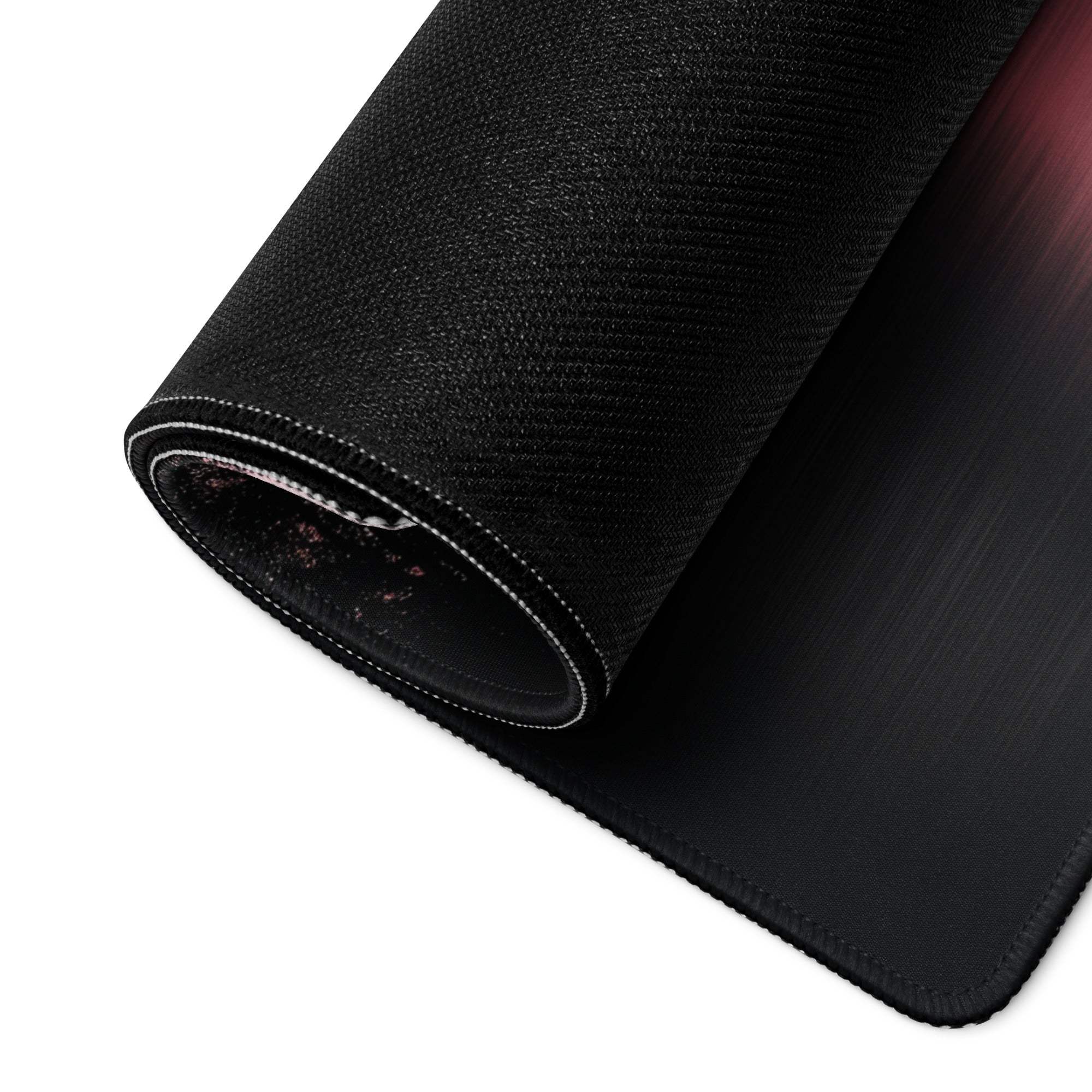 Black textured Calm Sunset gaming mousepad with gradient edge and stitched perimeter