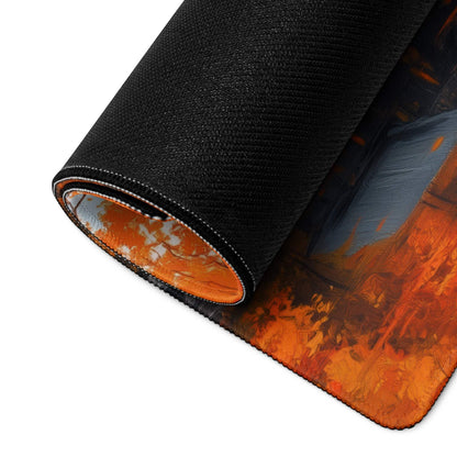 Black artistic autumn landscape gaming mousepad with orange stitched edges