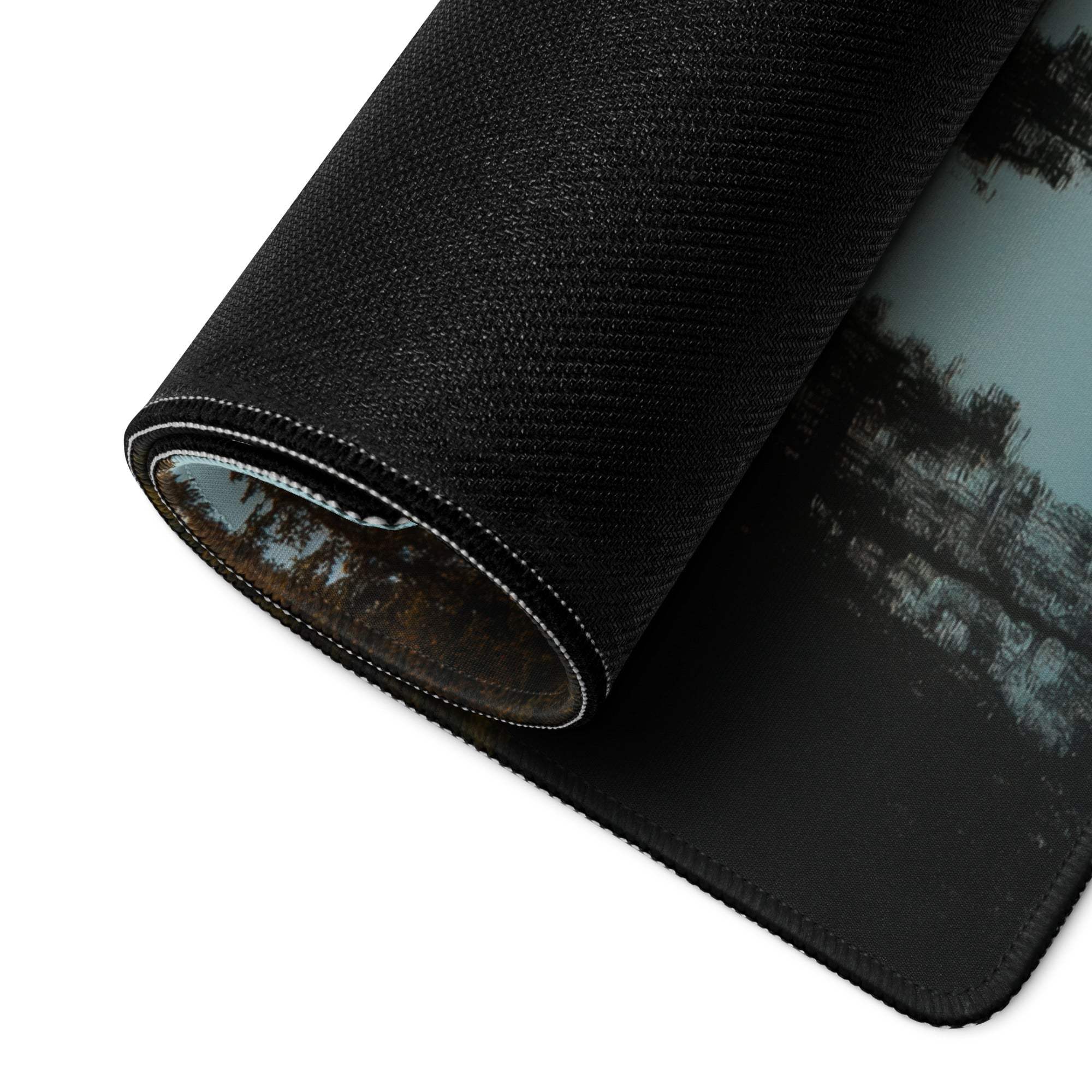 Black textured gaming mousepad with dark calm nature scene print