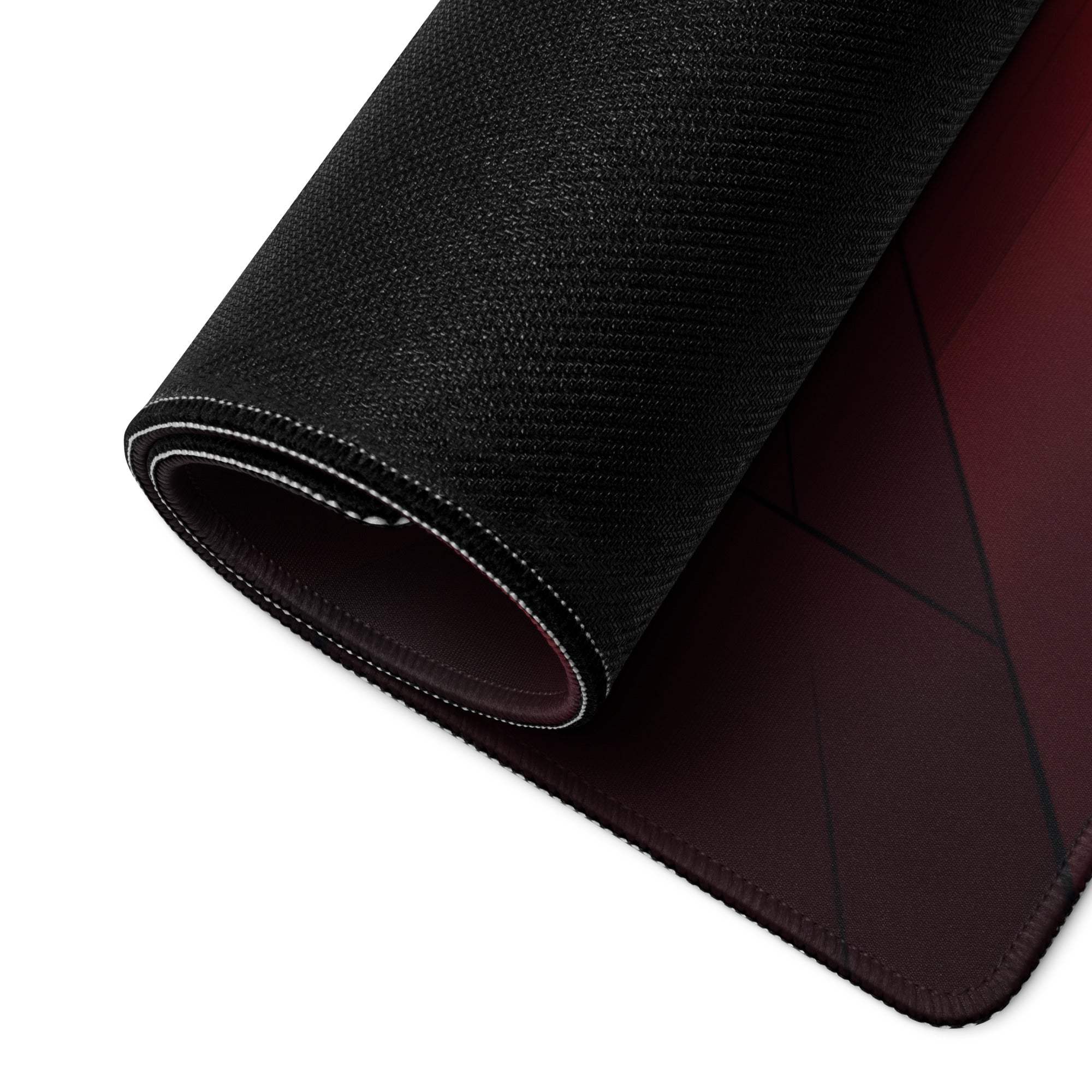 Black textured gaming mousepad with neon red gradient, white edge stitching