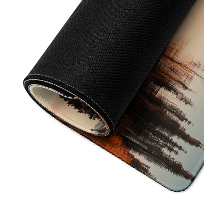 Black textured Autumn Mountain Landscape gaming mouse pad rolled to show layered construction