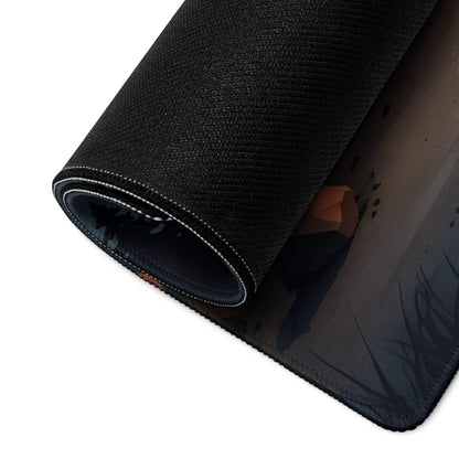 Black textured Illustrative Night Forest Campfire gaming mouse pad with rolled edge stitching