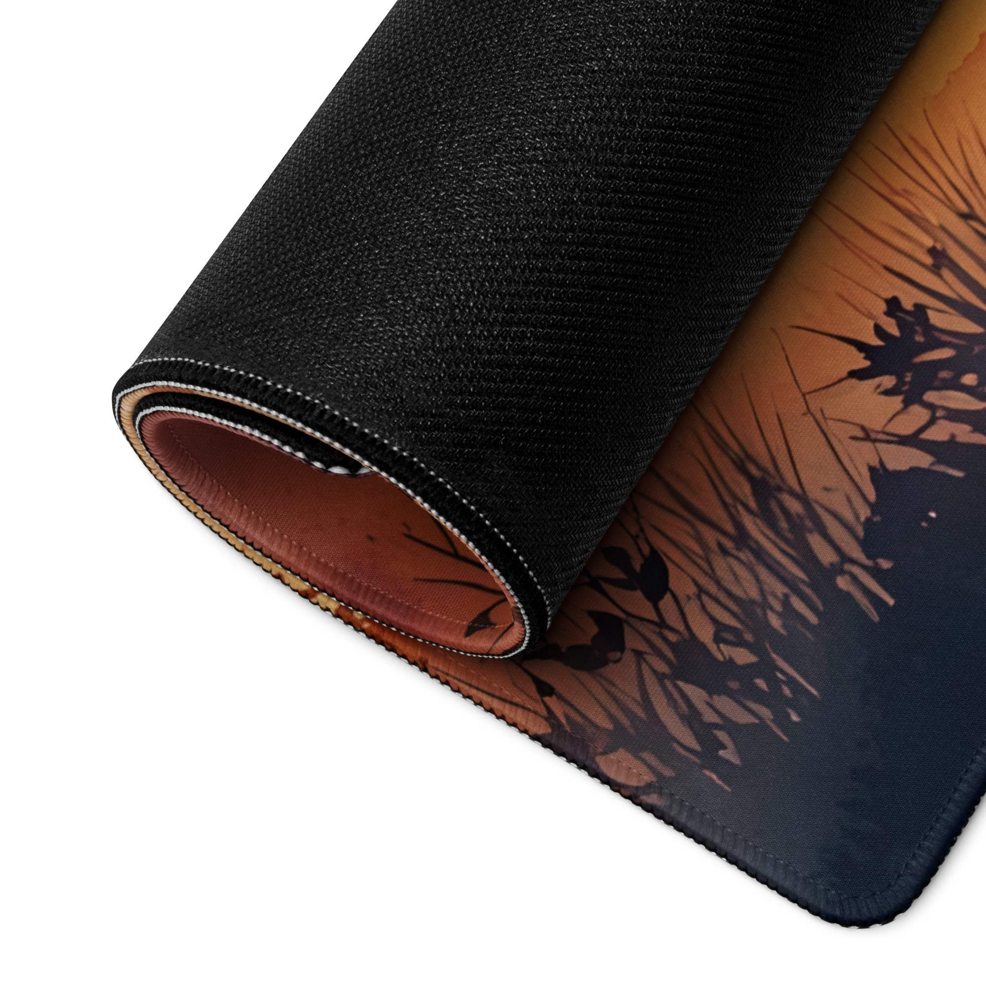 Black textured Autumn Sunset gaming mouse pad with grass birds gradient sky
