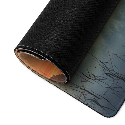 Black textured mousepad with gray green reed landscape and sunset lake design