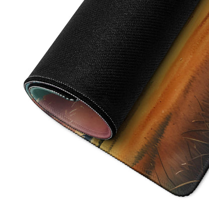 Black textured gaming mousepad with epic sunset landscape in warm orange brown tones