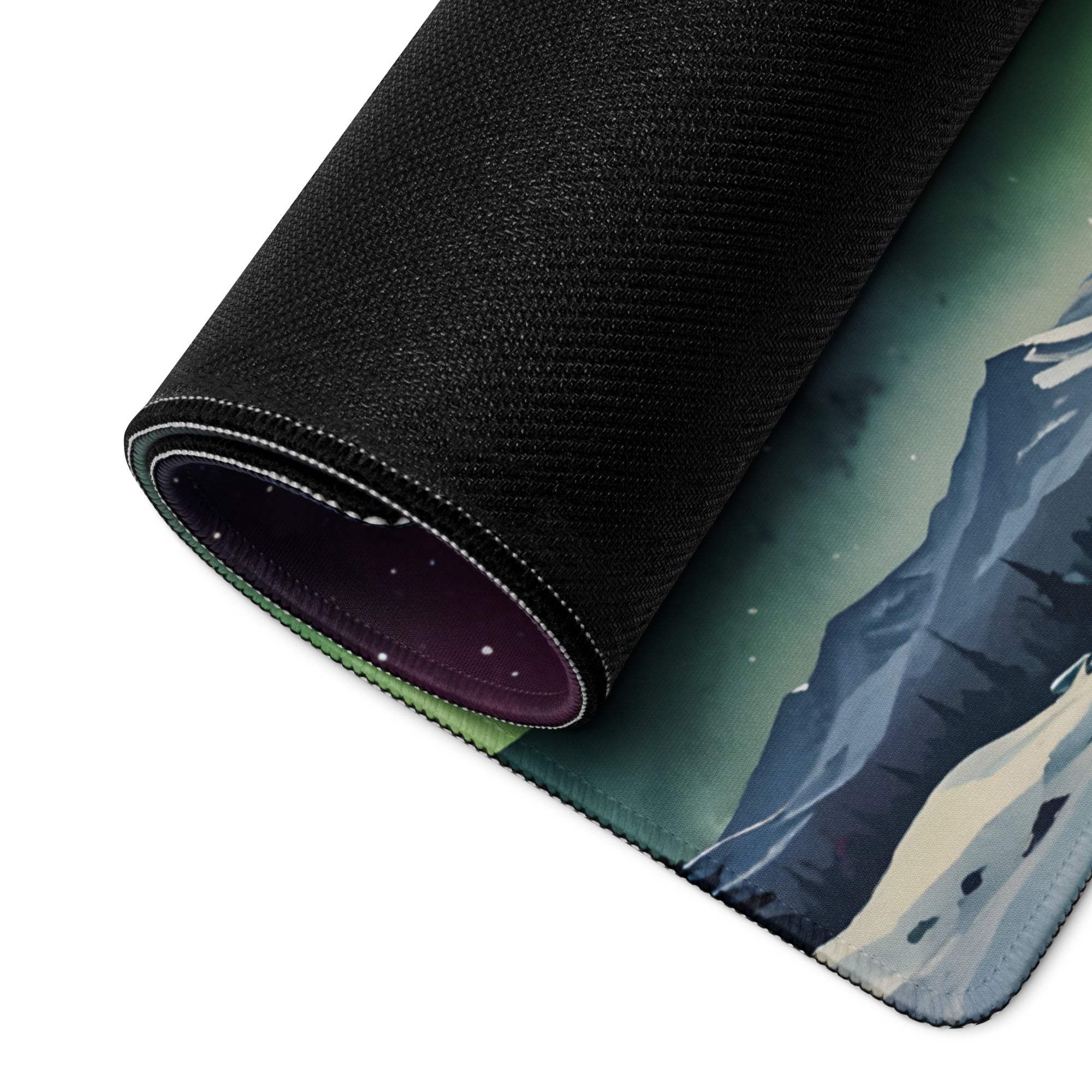 Black textured gaming mousepad with rolled edge, Epic Aurora Borealis mountain landscape