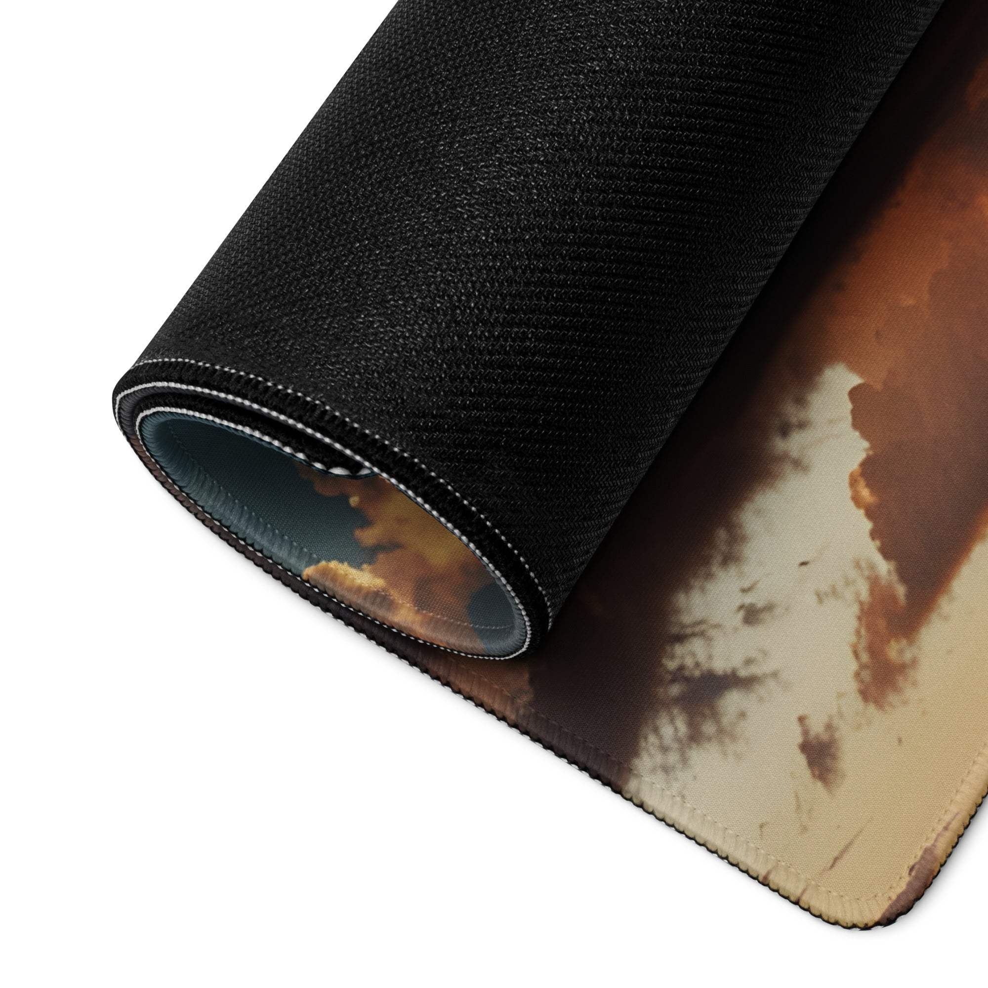 Premium cloudscape sunset gaming mousepad in black textured beige tones