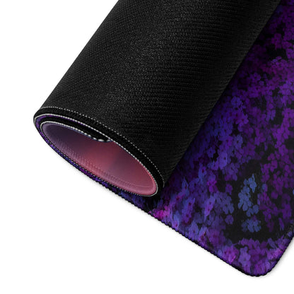 Lavender Sunset large gaming mouse pad rolled up, purple blue floral design