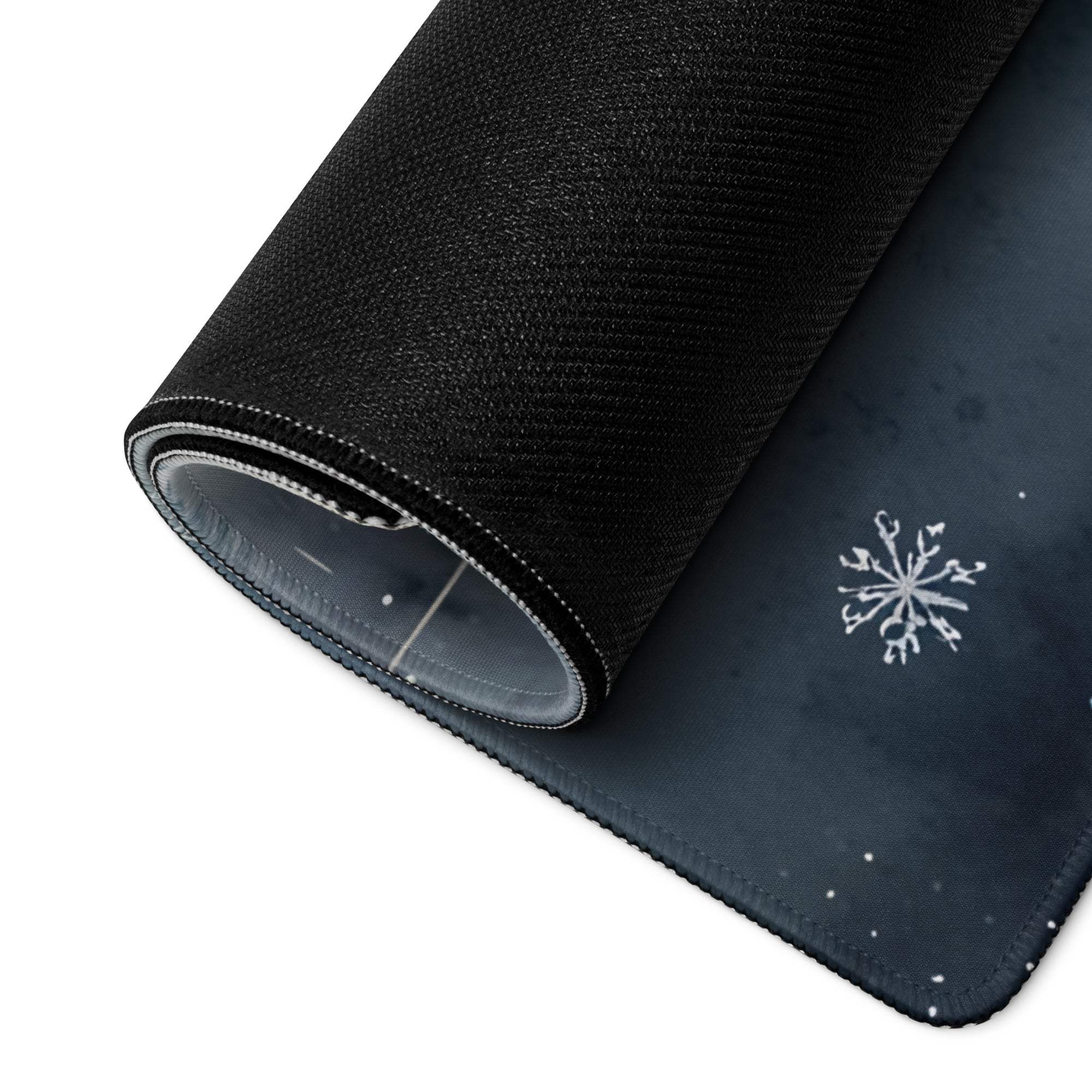 Black textured mousepad with subtle white snowflake and watercolor winter forest lake design