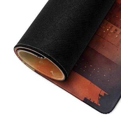 Black textured gaming mousepad with orange brown urban sunset cityscape, rolled non-slip edge
