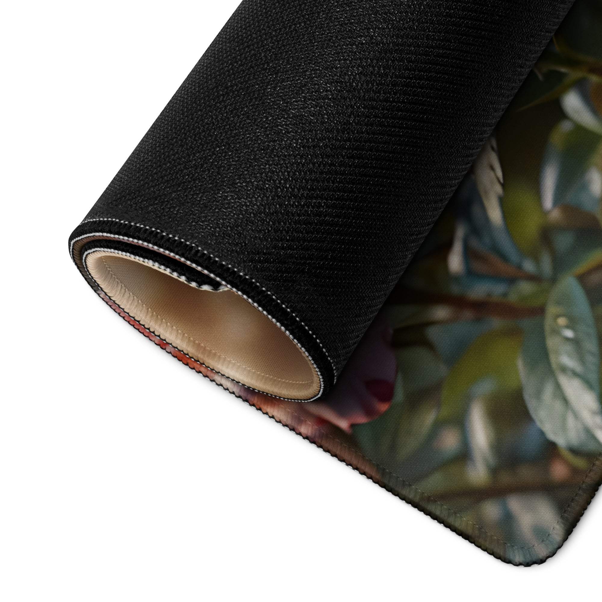 Large soft floral rose garden gaming mouse pad with green leaves print, non-slip base, stitched edges