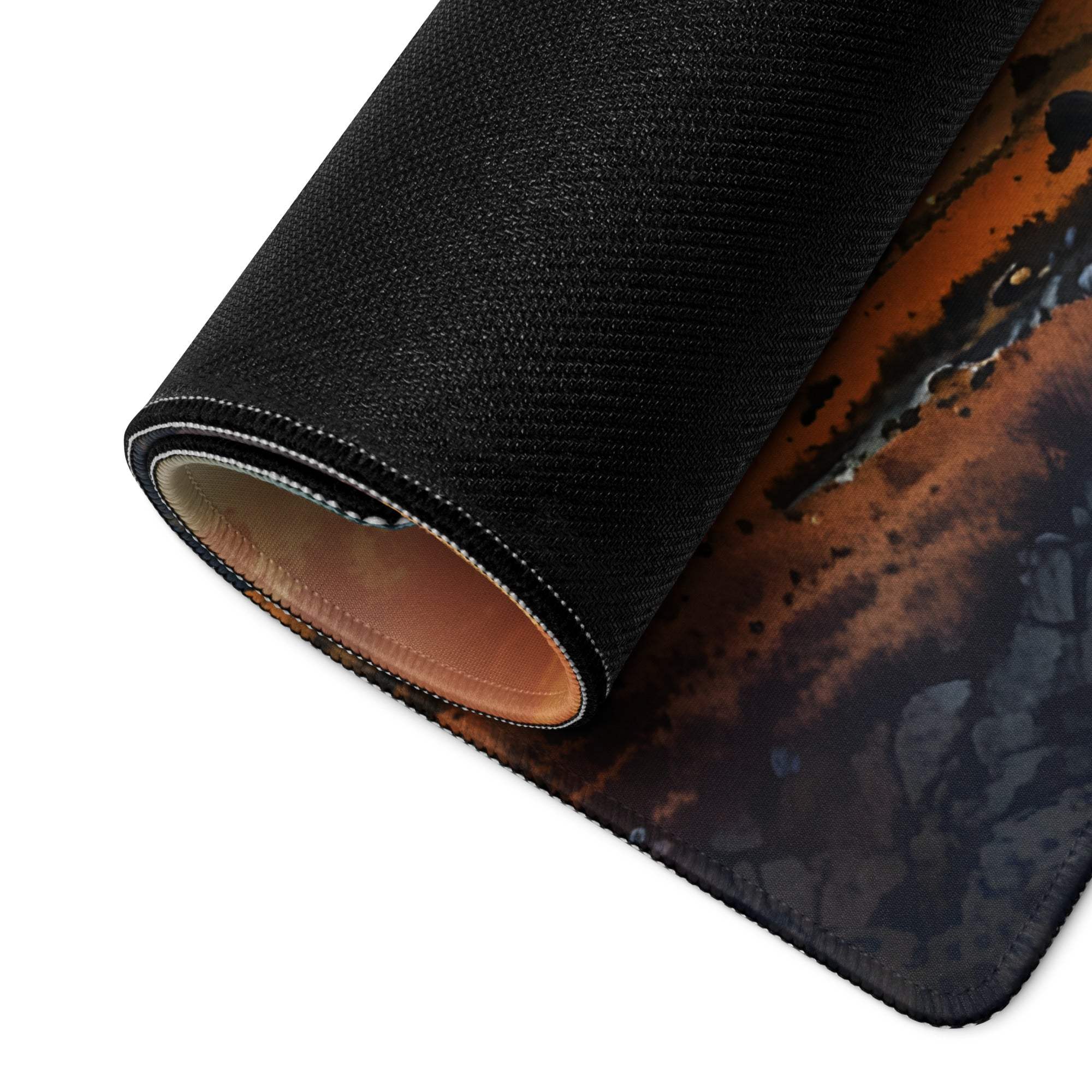 Black textured Sunset Mountain Range gaming mouse pad with orange brown design