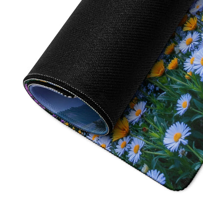Black rolled-up mousepad with daisies, lake landscape, non-slip backing