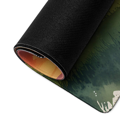 Black textured gaming mousepad underside with green orange gradient sunset design