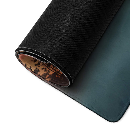 Black textured gaming mousepad with teal gradient, stitched edges, forest lining