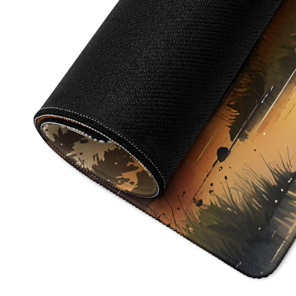 Large Serene Sunset Cabin gaming mouse pad with black textured rolled edge, tall grass and paint in warm orange brown tones, non-slip backing