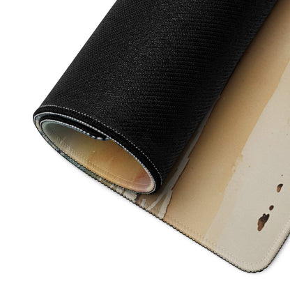 Back of black textured Vibrant Ocean Sunset gaming mouse pad with beige underside and stitched edges