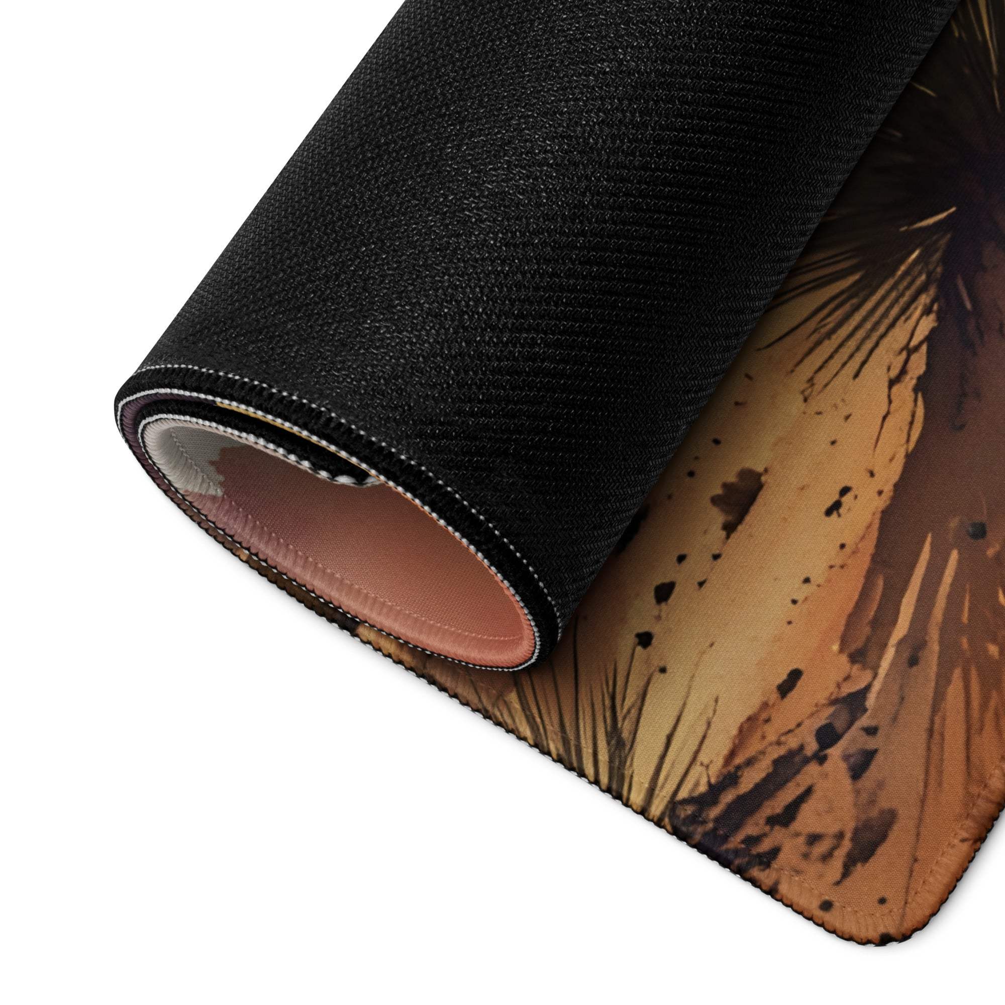 Rolled view of Desert Sunset Vibe large gaming mouse pad underside with non-slip base