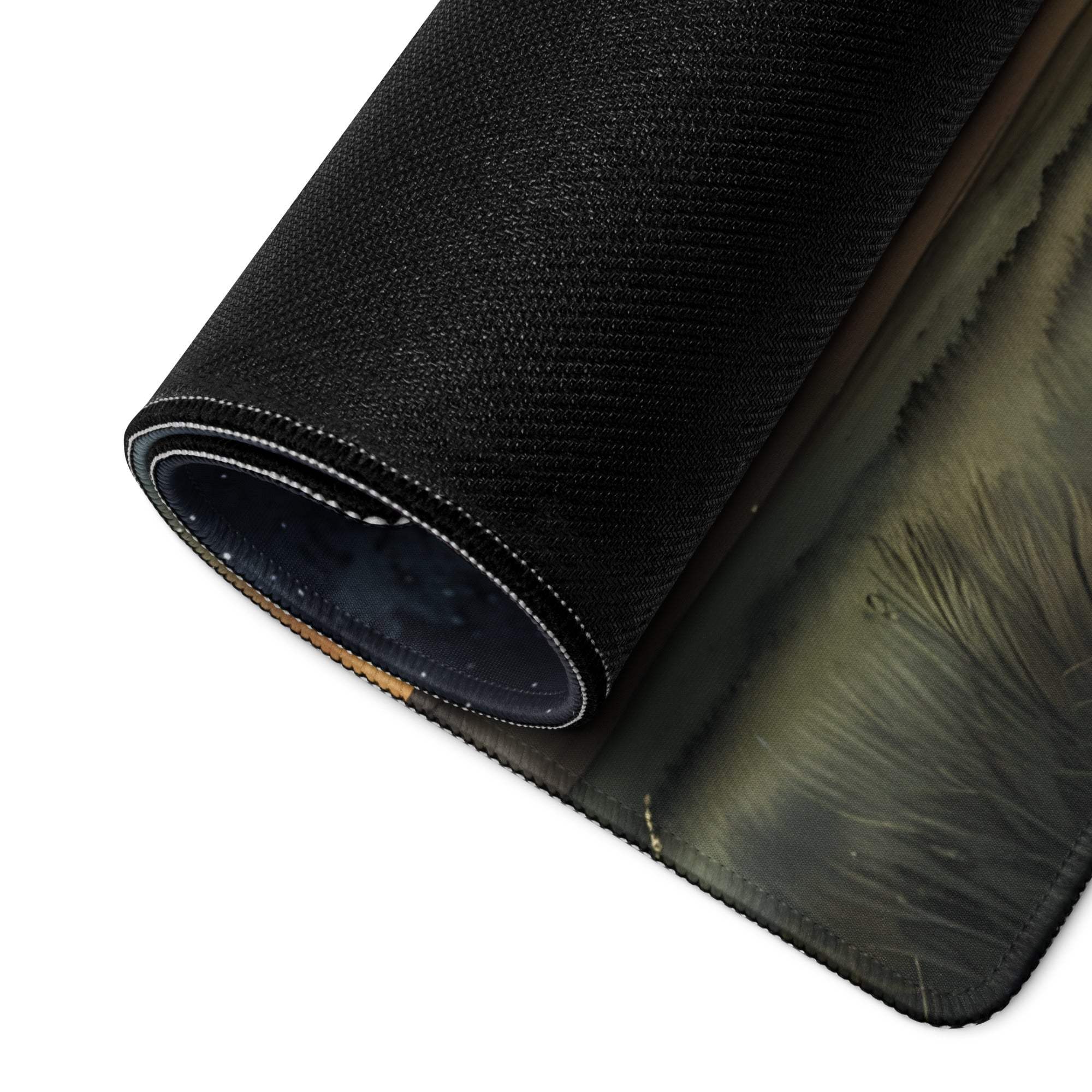 Black textured mousepad with muted green brown starry aurora landscape