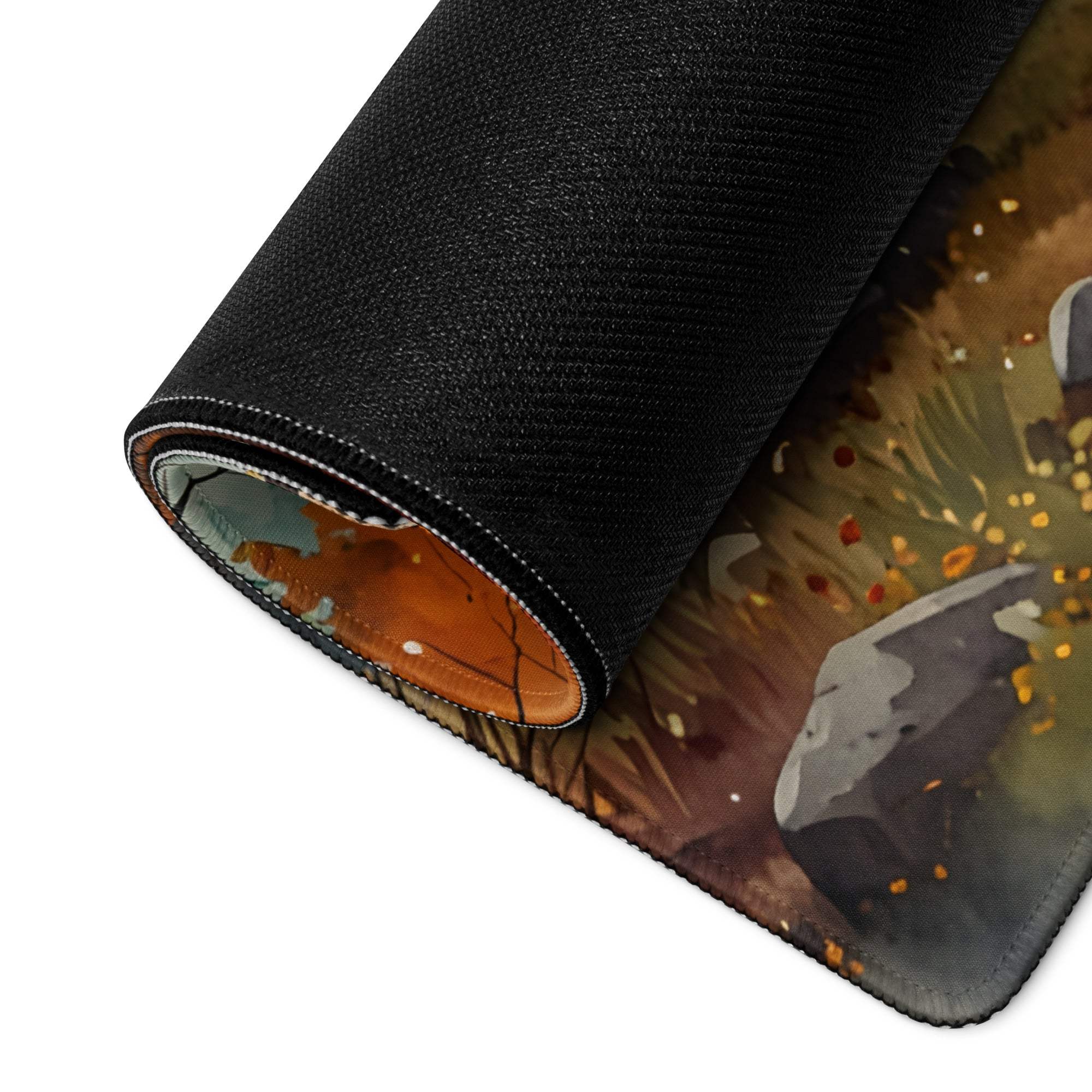 Autumn Forest Scene large gaming mouse pad with black textured rolled edge