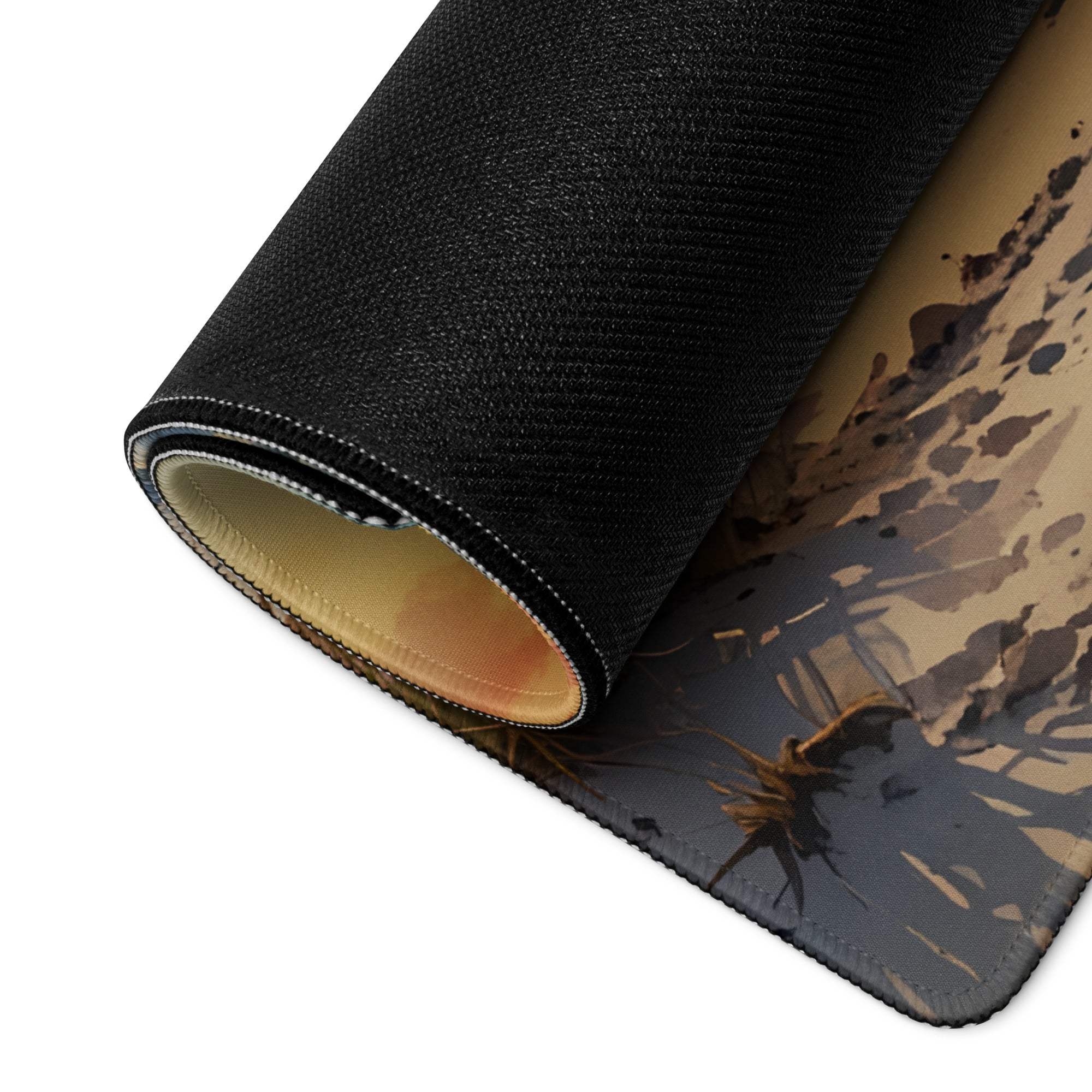 Black textured desert gaming mouse pad with stitched edges, non-slip backing