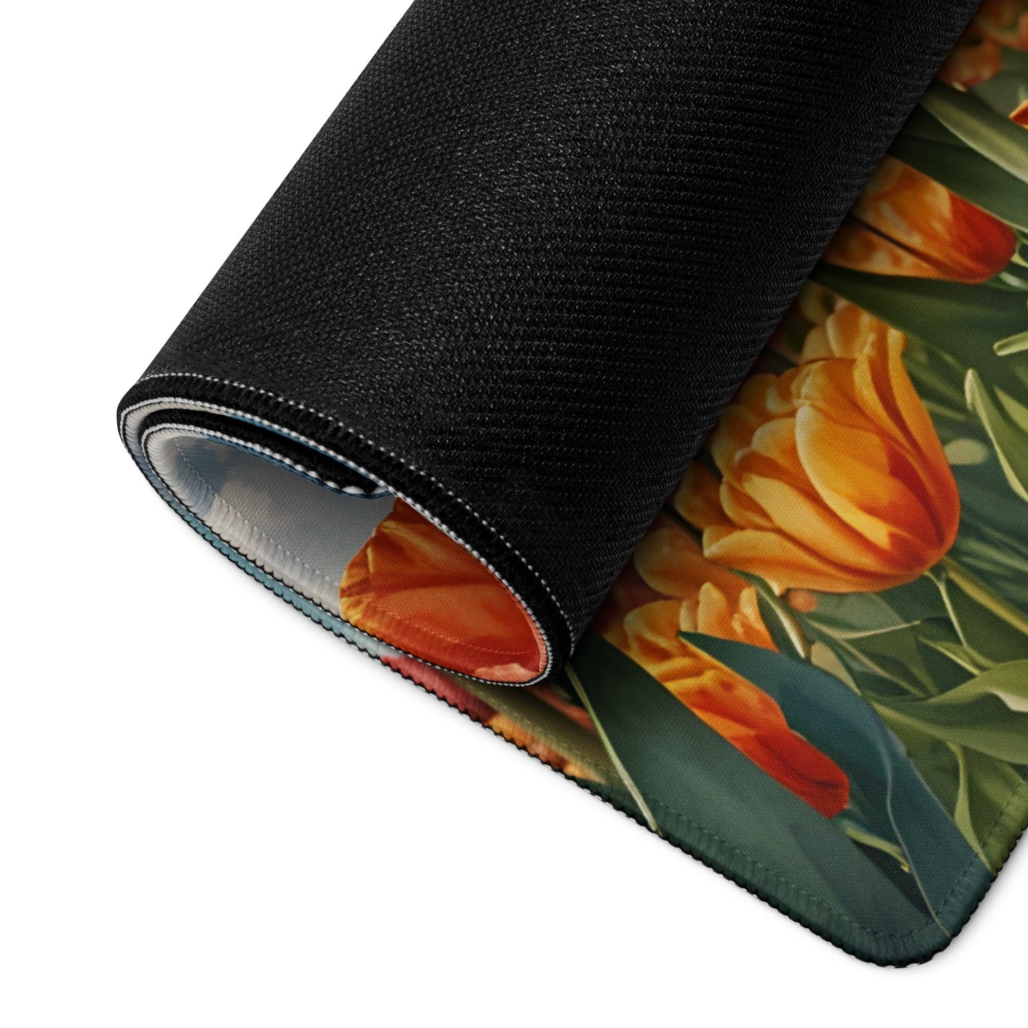 Rolled-up black gaming mouse pad with vibrant orange tulip field design