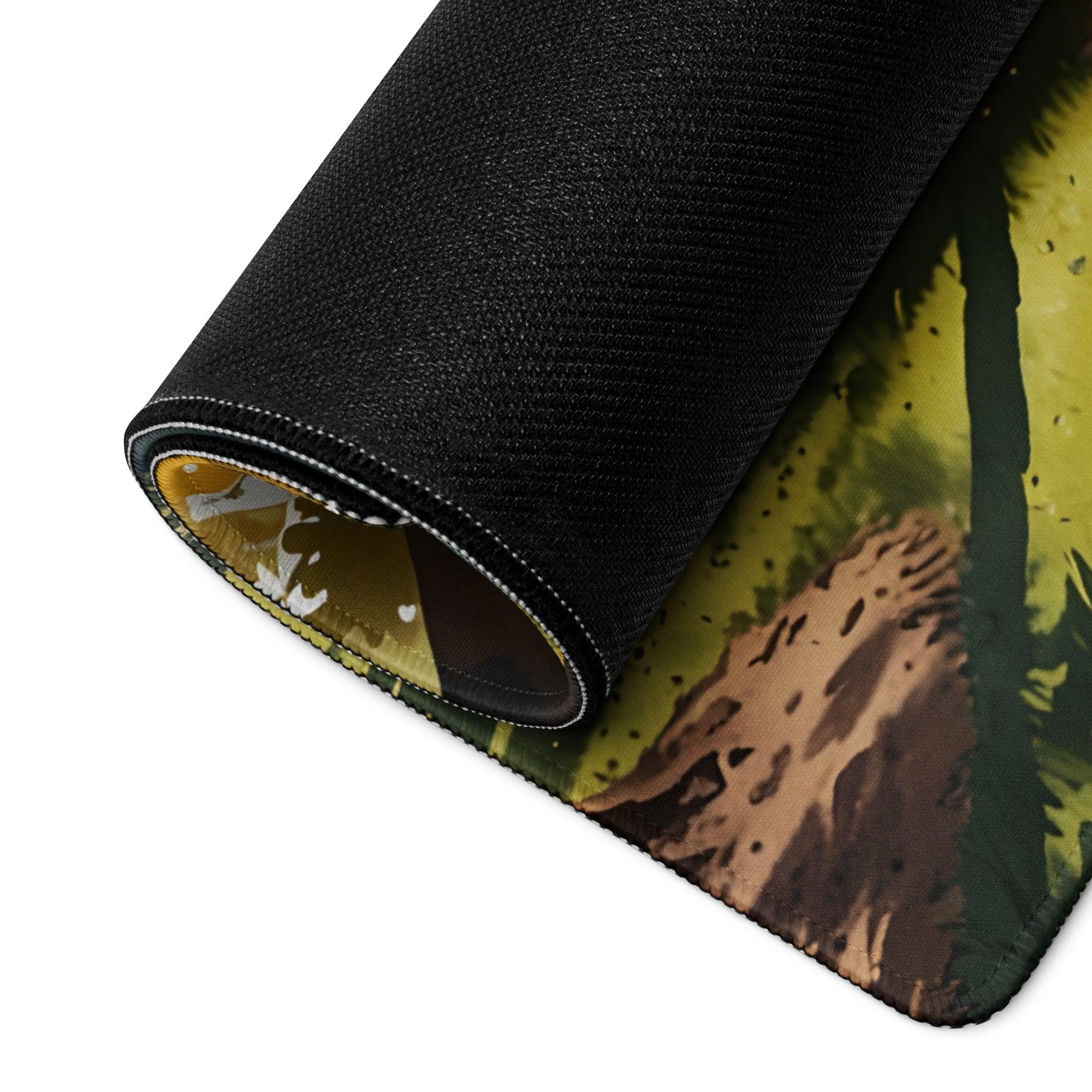 Black textured forest path mousepad in sunlit golden hour with non-slip backing