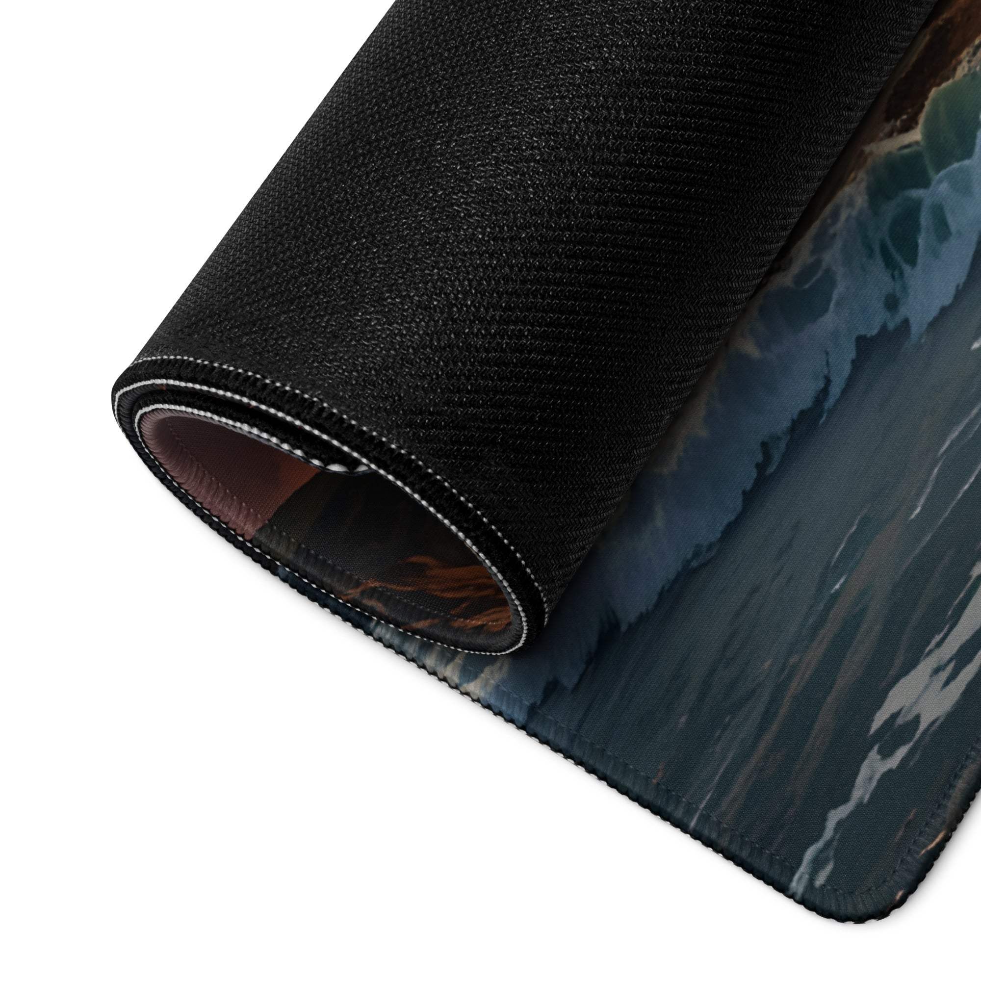 Black textured ocean wave mousepad with sunset cliff design