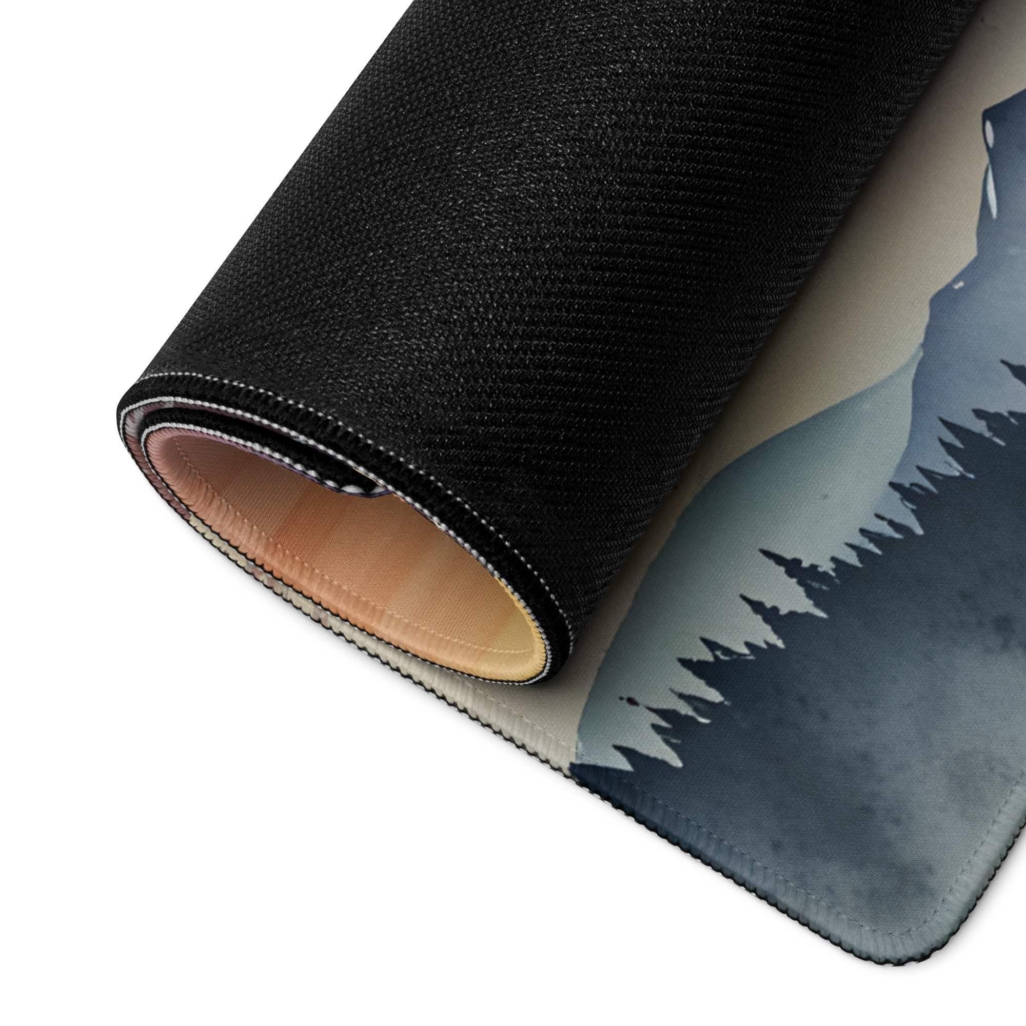 Black textured Epic Mountain Sunrise gaming mousepad with scenic forest design