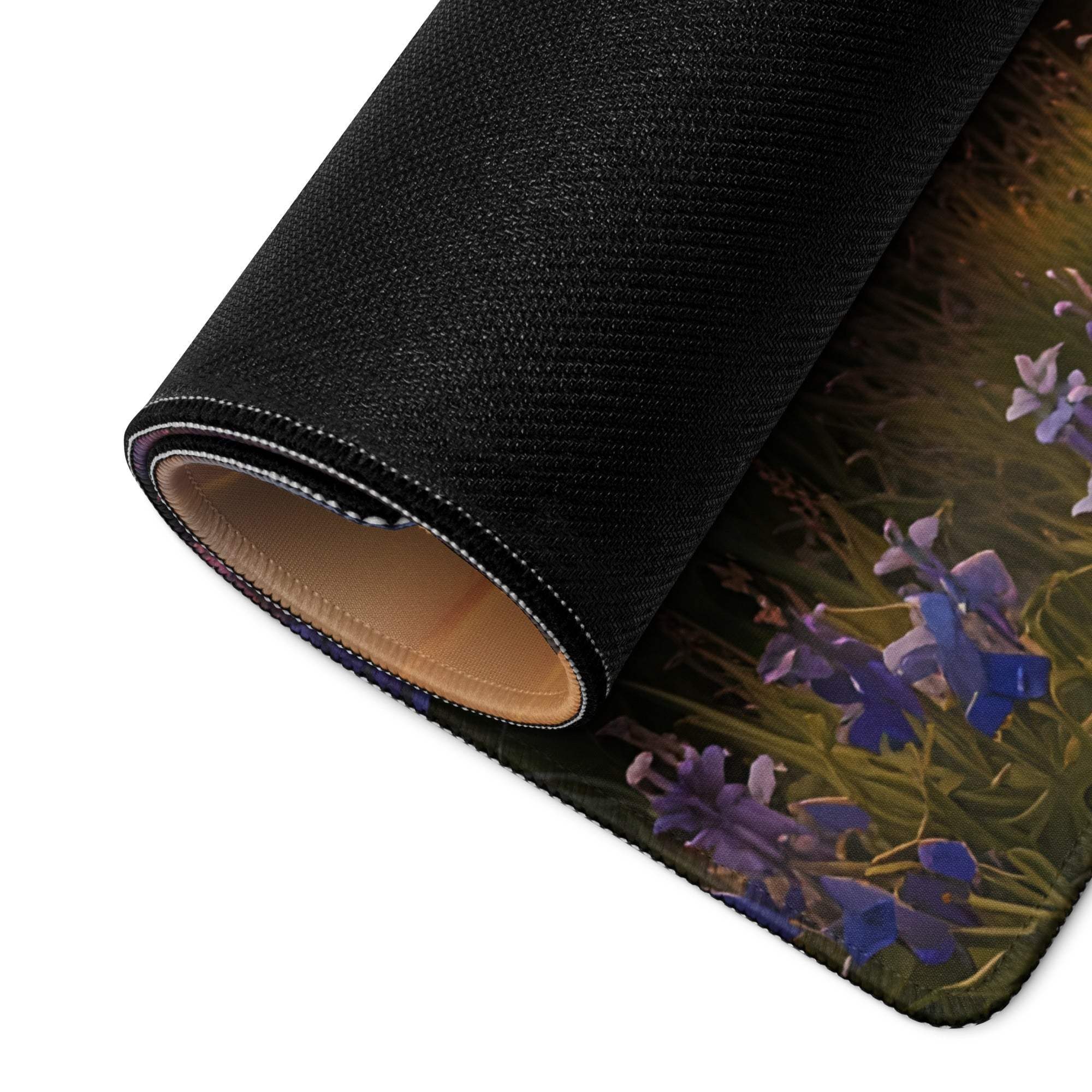 Black textured Tranquil Sunrise Lavender Field gaming mouse pad with vibrant purple blue wildflowers on green grass