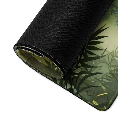 Black bamboo gaming mousepad with textured green leaf pattern and ethereal glow