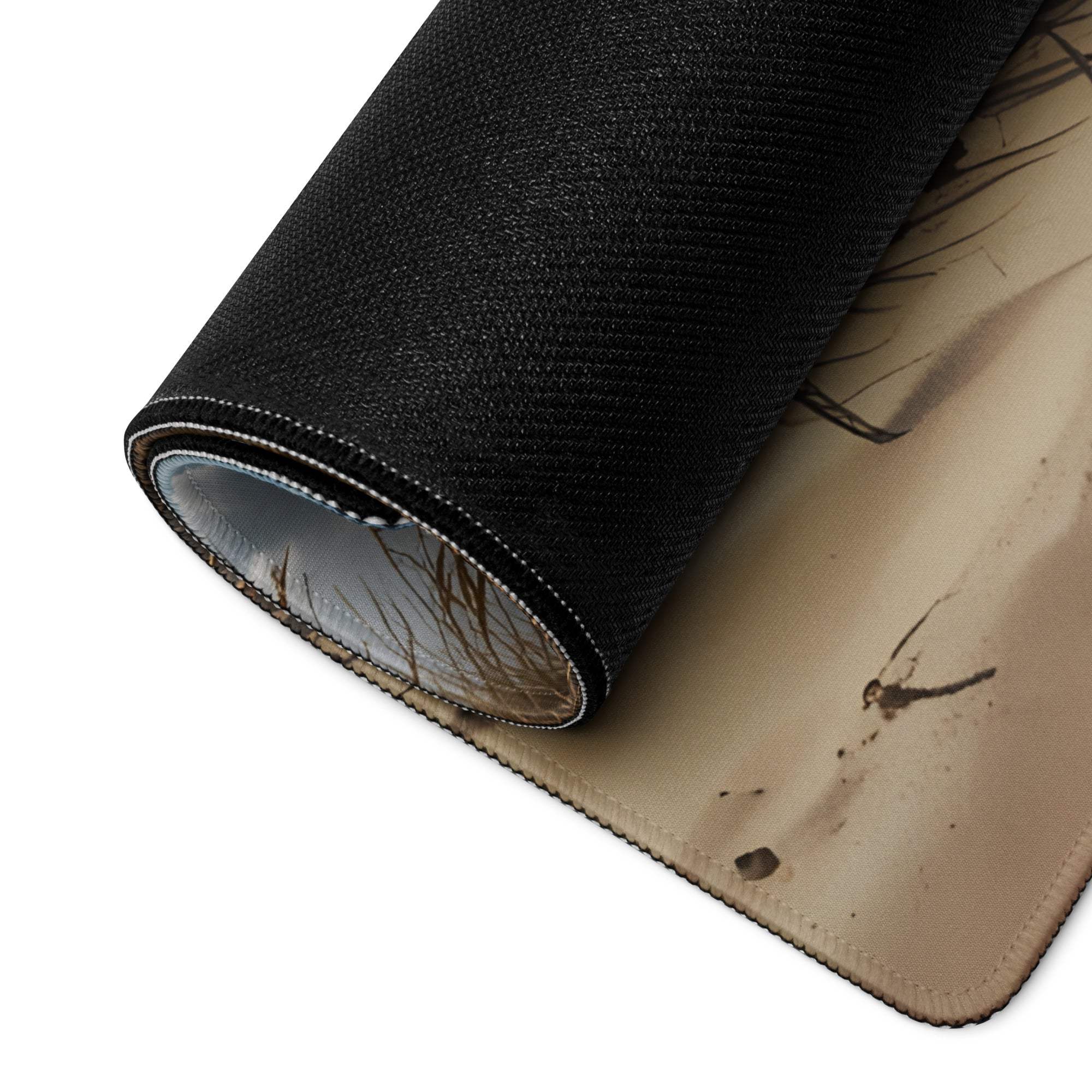 Black textured mousepad with serene coastal beach scene artwork